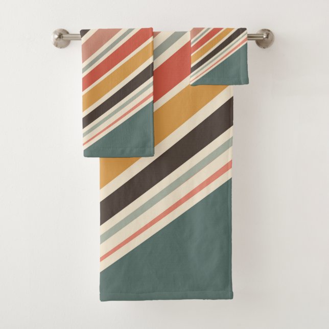Abstract diagonal retro style stripes bath towel set (Insitu)