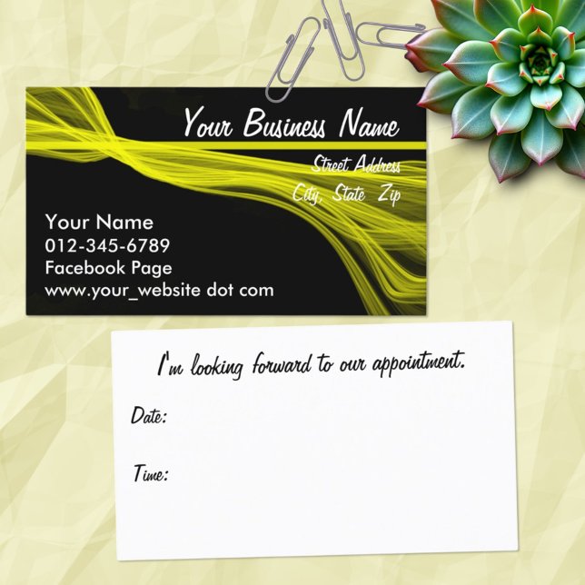 Abstract Diagonal Yellow Streaks Over Black Appointment Card (business and appointment card front and back)