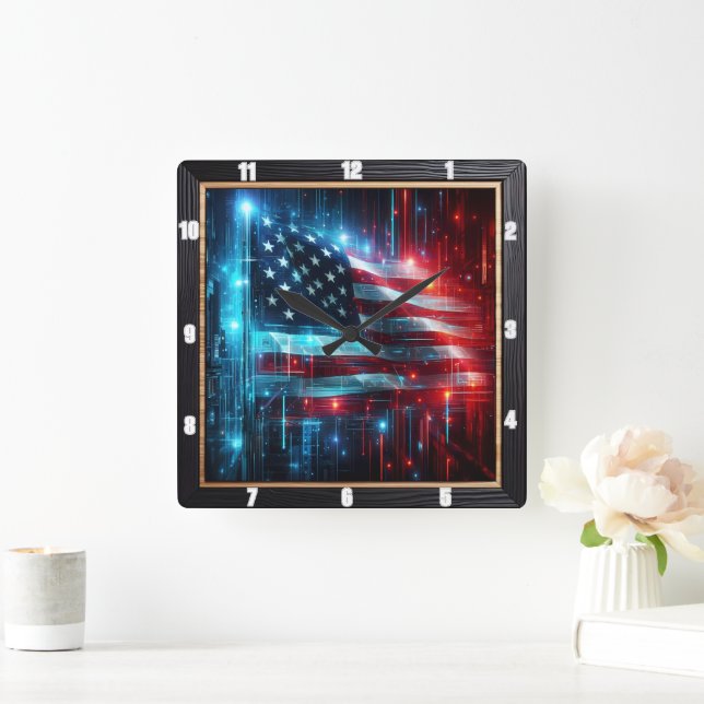 Abstract Digital American Flag Square Wall Clock (Home)