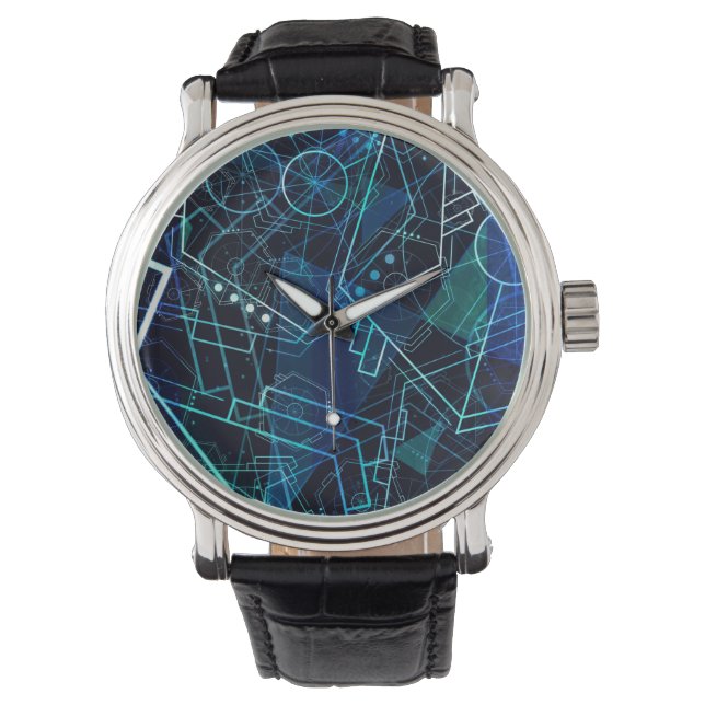 Abstract Digital Geometric Data Blue Art Watch (Front)