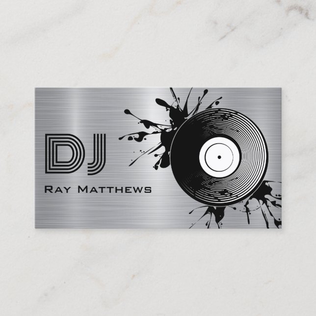 Abstract Disc DJ Faux Silver Brushed Steel Metal Business Card (Front)