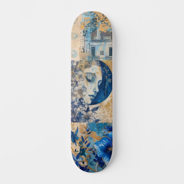 Abstract Distressed Grunge Indigo Blue Skate Deck (Front)