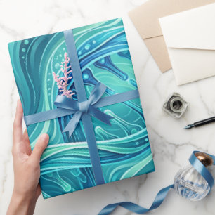 Abstract DNA Helix Ocean Blue Wrapping Paper