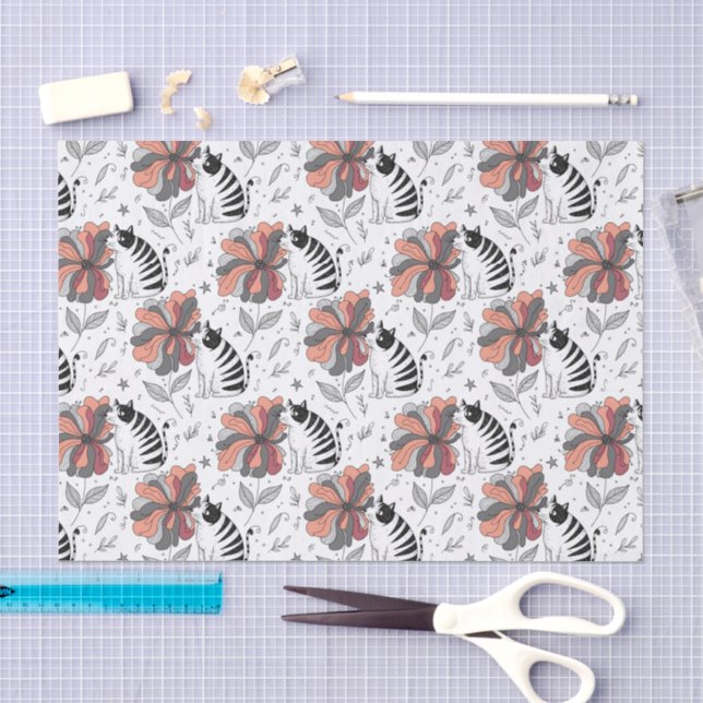 Abstract Doodle Art Style Cat Smelling Flower Tissue Paper (Craft)
