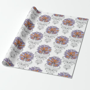 Abstract Doodle Art Style Flowers Purple Orange Wrapping Paper