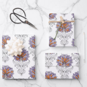 Abstract Doodle Art Style Flowers Purple Orange Wrapping Paper Sheet