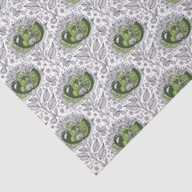 Abstract Doodle Art Style Flowers Shades of Green Tissue Paper (Detail)