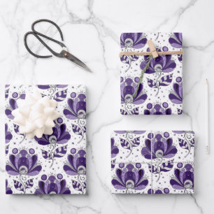 Abstract Doodle Art Style Flowers Shades of Purple Wrapping Paper Sheet
