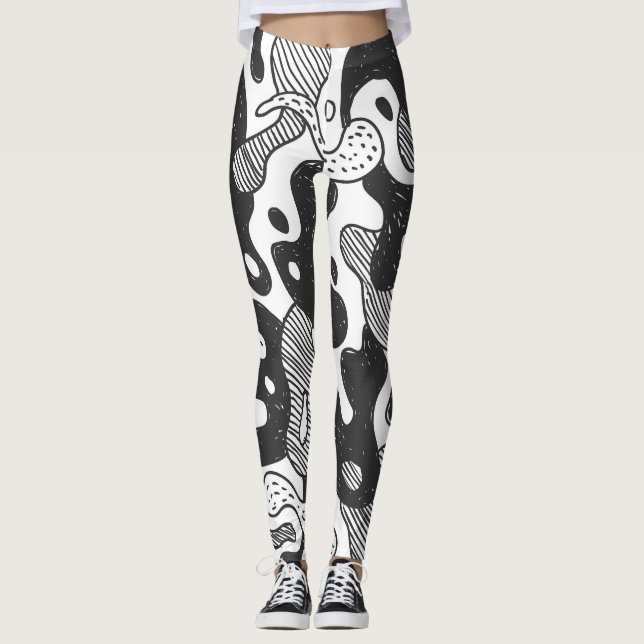 Abstract Doodle Camouflage Black Style Leggings (Front)