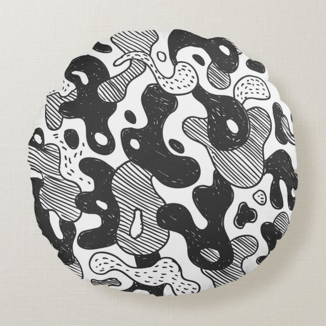 abstract doodle style camouflage,black round cushion (Front)