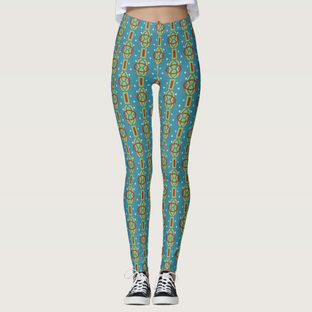 Abstract Dotted Swirled Pattern on Blue Background Leggings (Front)