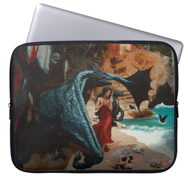 Abstract Dragon Skull Occult Dark Witchy AI Art Laptop Sleeve (Front)
