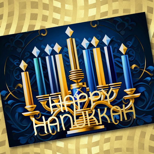 Abstract Drawing Menorah Happy Hanukkah Gold Blue Foil Holiday Card (Creator Uploaded)