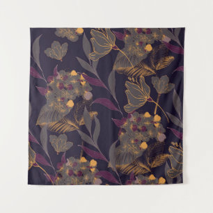 Abstract drawing of flowers and leaves on a golden tapestry