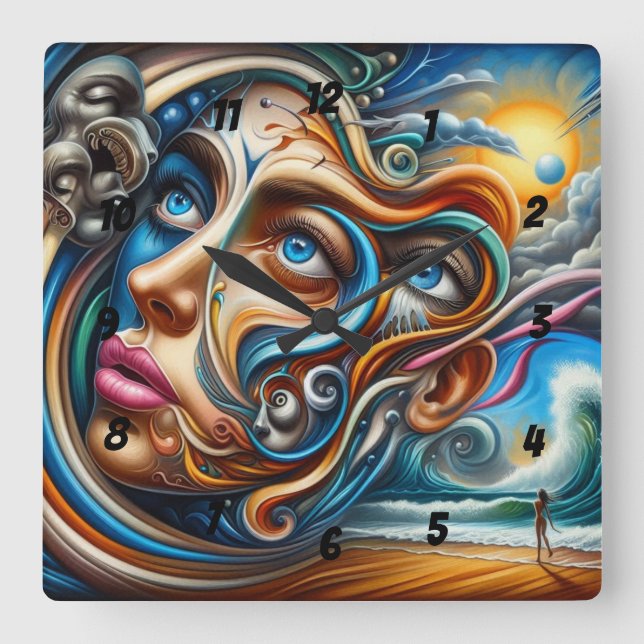 Abstract Dreamscape Ocean Serenity & Cosmic Wonder Square Wall Clock (Front)