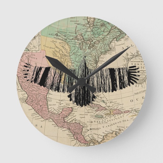 Abstract Eagle Tree Silhouettes America USA Map Round Clock (Front)
