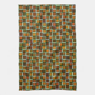 Abstract Earth Tone Squares Pattern Tea Towel