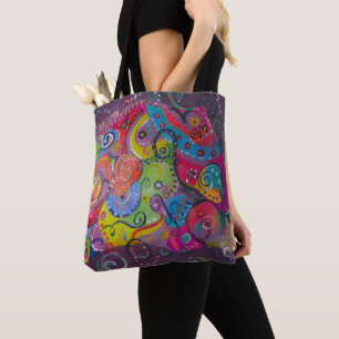 Abstract eggplant and colour swirl painting on tote bag