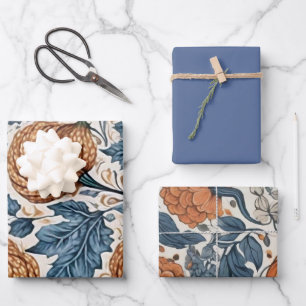 Abstract Elegant Autumn pumpkin dusty blue leaves Wrapping Paper Sheet