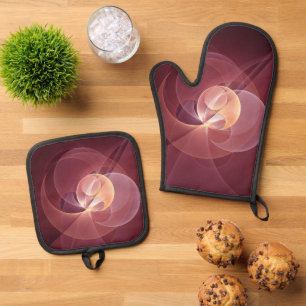 Abstract Elegant Modern Wine Red Fractal Art Oven Mitt & Pot Holder Set