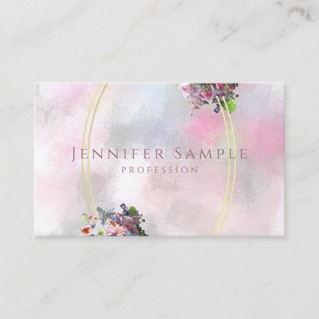 Abstract Elegant Watercolor Flowers Gold Frame Top Business Card (Front)