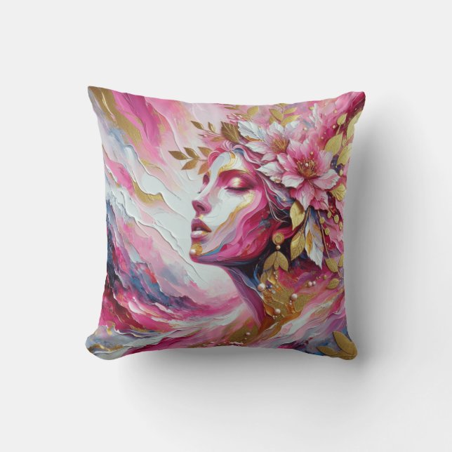 Abstract Elegant woman's face pinks leaves  Cushion (Front)