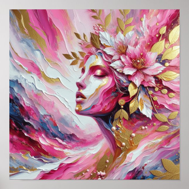 Abstract Elegant woman's face pinks leaves poster (Front)