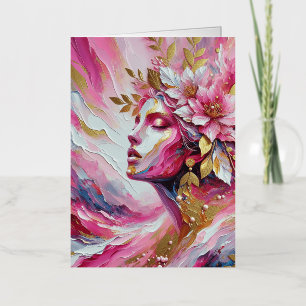 Abstract Elegant woman's face pinks leaves poster Foil Greeting Card