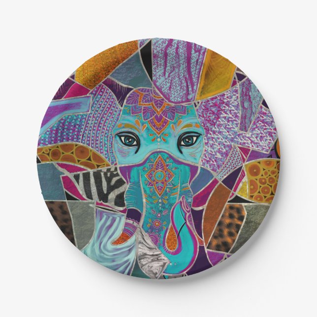 Abstract Elephant collage - mixed textures Paper Plate (Front)