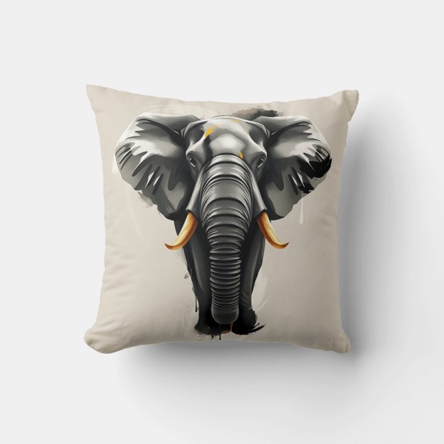 Abstract Elephant with Gold Tusks in Neutral Toned Cushion (Front)