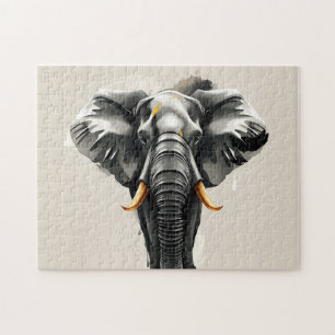 Abstract Elephant with Gold Tusks in Neutral Toned Jigsaw Puzzle