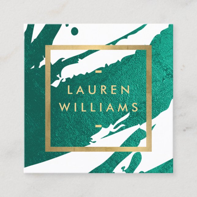 Abstract Emerald Green Brushstrokes Square Business Card (Front)