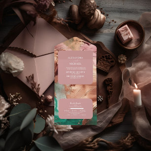 Abstract emerald green rose gold wedding all in one invitation