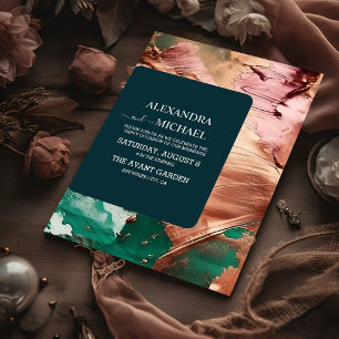 Abstract emerald green rose gold wedding invitation