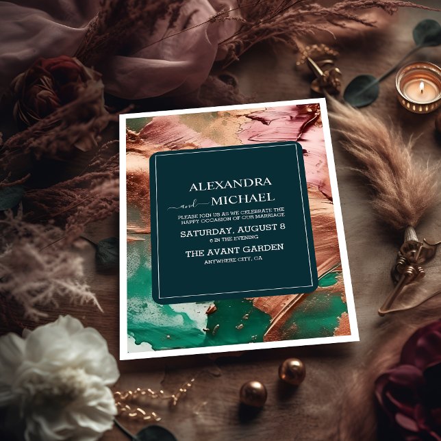 Abstract emerald green rose gold wedding invitation (Creator Uploaded)