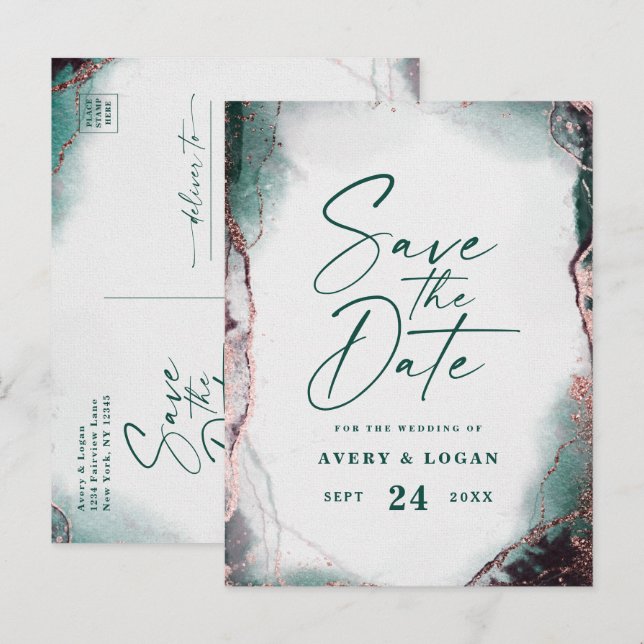 Abstract Emerald Green Wedding Save The Date Announcement Postcard (Front/Back)