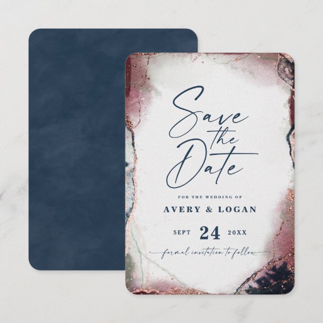 Abstract Ethereal Burgundy & Navy Blue Wedding Save The Date (Front/Back)