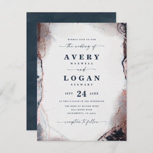 Abstract Ethereal Dark Blue Wedding Invitation (Front/Back)