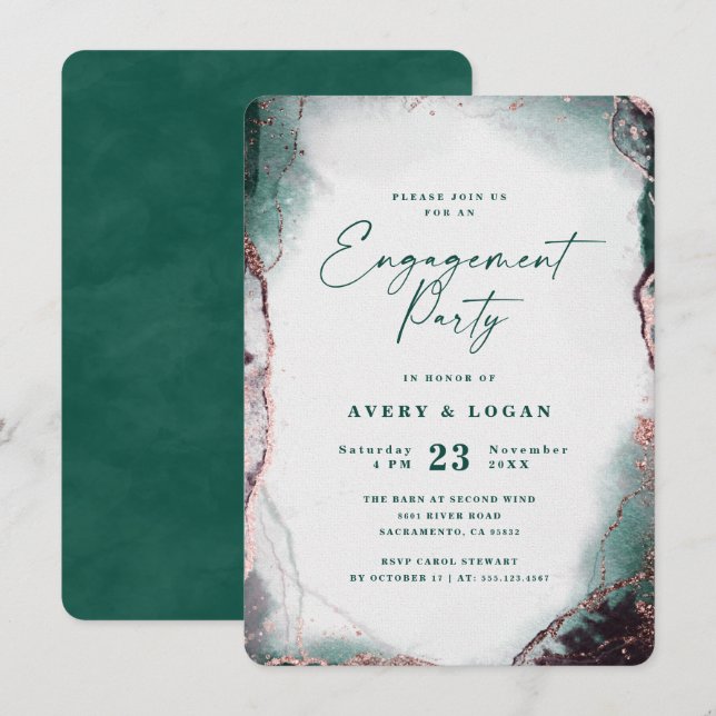 Abstract Ethereal Emerald Green Engagement Party Invitation (Front/Back)