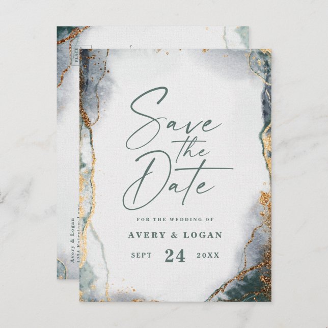 Abstract Ethereal Green Gold Wedding Save The Date Announcement Postcard (Front/Back)