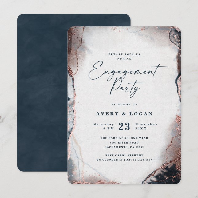 Abstract Ethereal Navy Blue Engagement Party Invitation (Front/Back)