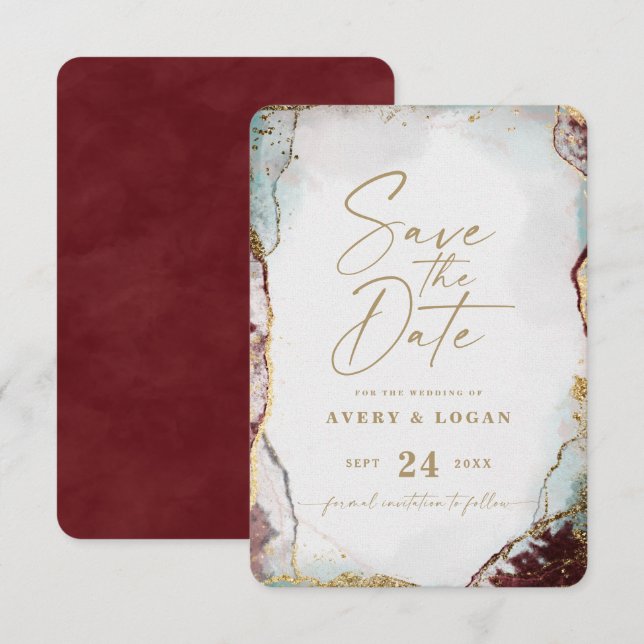 Abstract Ethereal Wine Red & Gold Winter Wedding Save The Date (Front/Back)