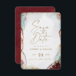 Abstract Ethereal Wine Red & Gold Winter Wedding Save The Date<br><div class="desc">Abstract Ethereal Watercolor Wine Red & Gold Wedding Save the Date Cards. This modern wedding design is beautify hand-painted with rich colours that are perfect for Winter. Shown in the Wine Wedding Colour Palette colorway of: Dark Wine Red, Castle Grey, Pearl Pale Pink, Old Gold, and Cascade Aqua Teal. With...</div>