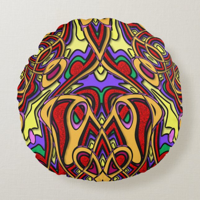 Abstract ethnic colorful round cushion (Front)