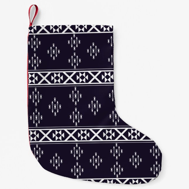 Abstract ethnic geometric pattern design Blue back Small Christmas Stocking (Front)
