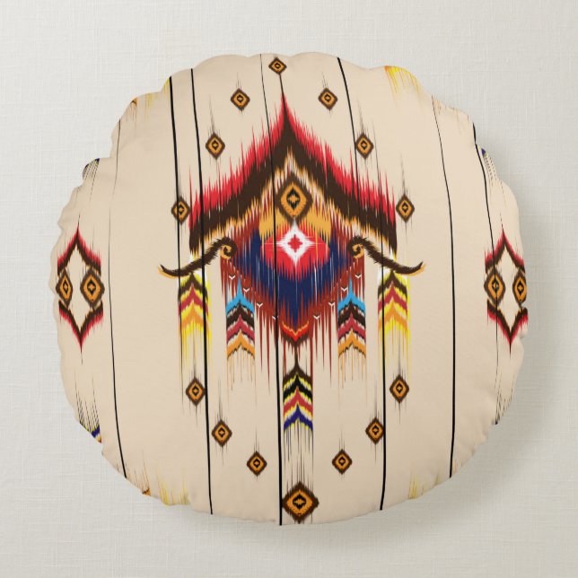 Abstract ethnic geometric pattern, Ikat geometric  Round Cushion (Front)