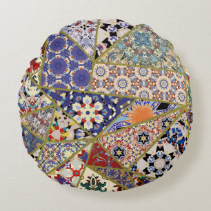 Abstract ethnic spanish tile patchwork hand drawn, round cushion