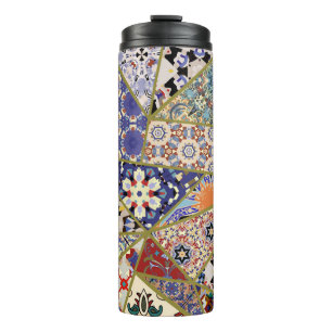 Abstract ethnic spanish tile patchwork hand drawn, thermal tumbler