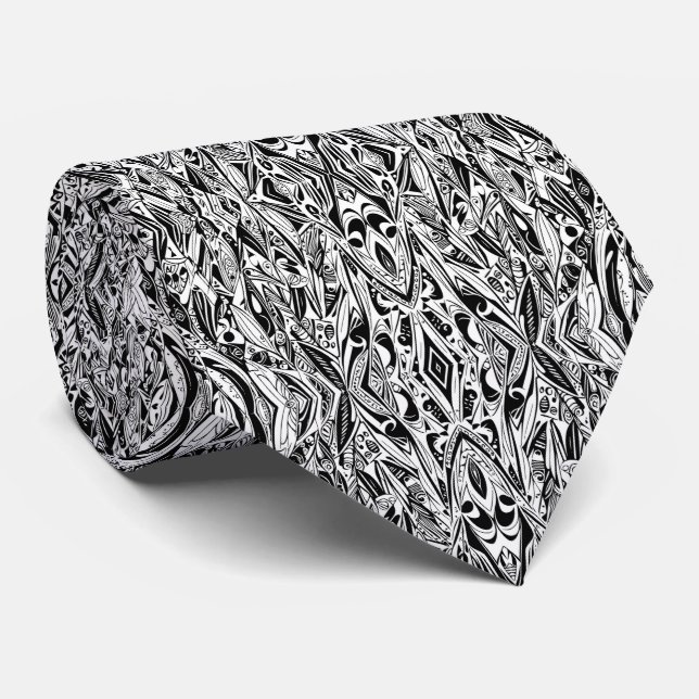 Abstract Ethnic Tribal Black and White Pattern Tie (Rolled)
