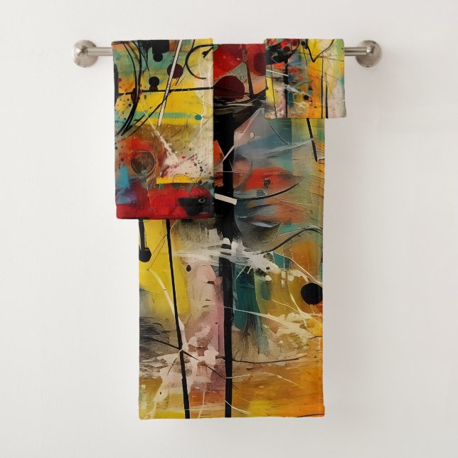 Abstract explosion of vibrant colours and dynamic  bath towel set (Insitu)
